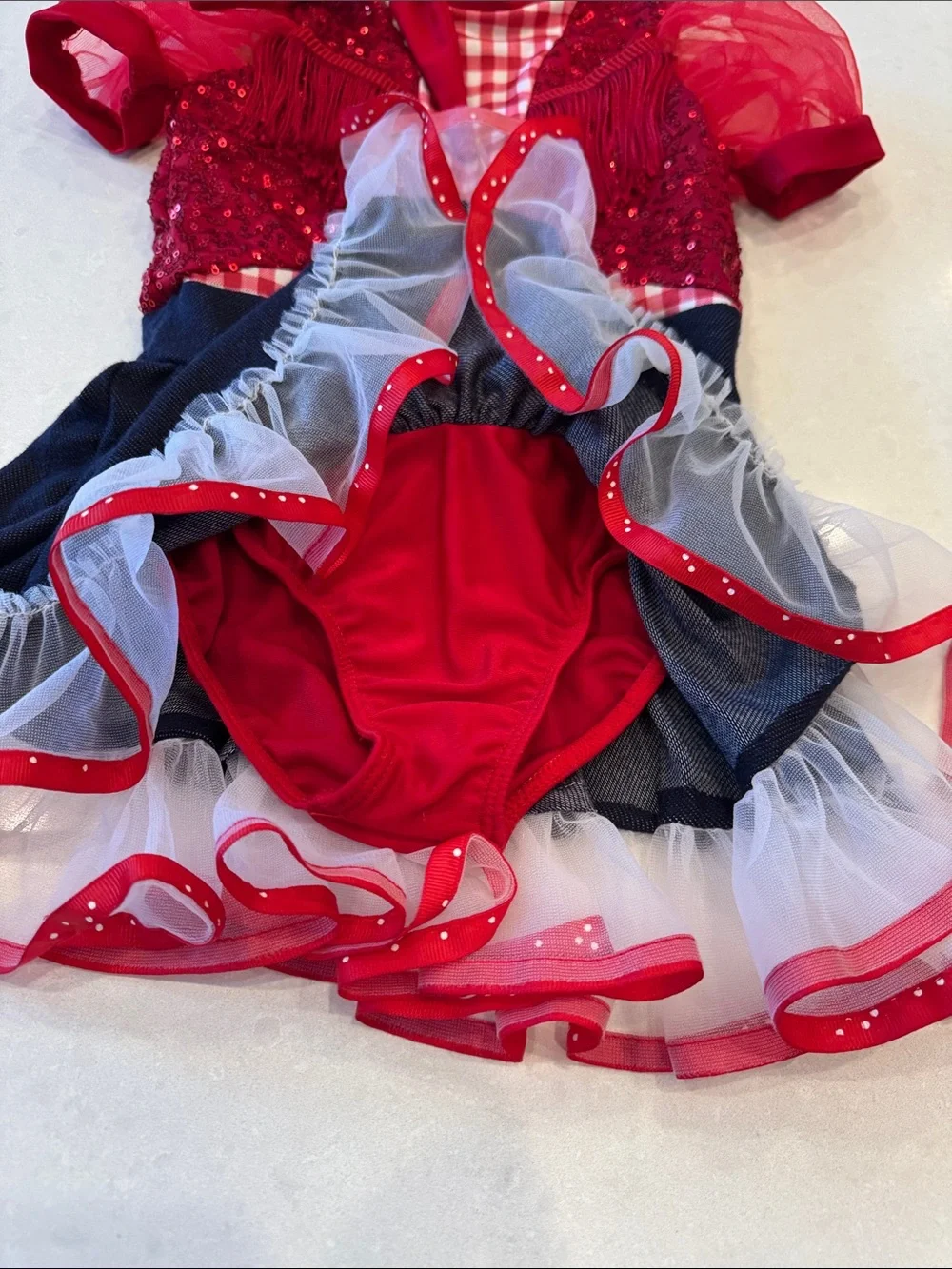 Revolution Red & Navy Sequin Tulle Dance Costume cowgirl fringes.